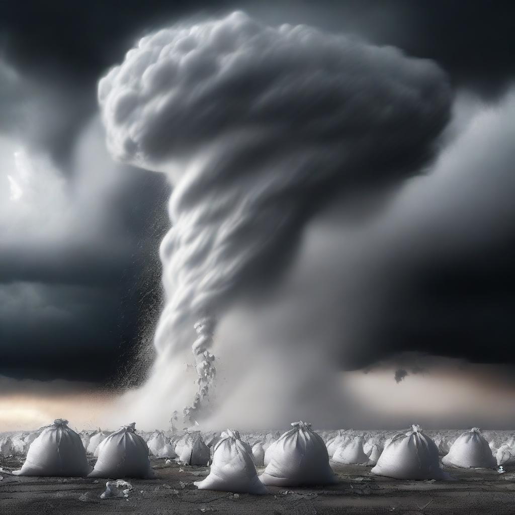 A surreal scene featuring multiple bags of cocaine swirling around in a powerful tornado