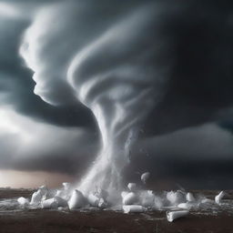 A surreal scene featuring multiple bags of cocaine swirling around in a powerful tornado