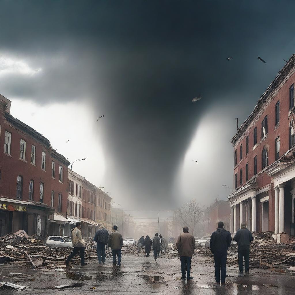 A chaotic scene of a tornado sweeping through a city, with swirling debris and people appearing disoriented and drugged