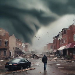 A chaotic scene of a tornado sweeping through a city, with swirling debris and people appearing disoriented and drugged