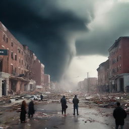 A chaotic scene of a tornado sweeping through a city, with swirling debris and people appearing disoriented and drugged