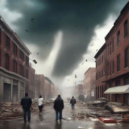 A chaotic scene of a tornado sweeping through a city, with swirling debris and people appearing disoriented and drugged