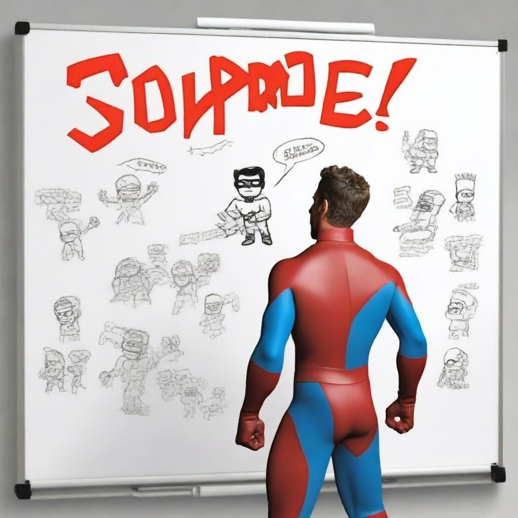 Create a photo-realistic image of a superhero named Matteo, played by Ryan Reynolds, battling against a whiteboard called the 'boo board', which is played by an actual whiteboard