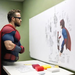 Create a photo-realistic image of a superhero named Matteo, played by Ryan Reynolds, battling against a whiteboard called the 'boo board', which is played by an actual whiteboard