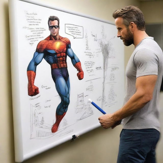 Create a photo-realistic image of a superhero named Matteo, played by Ryan Reynolds, battling against a whiteboard called the 'boo board', which is played by an actual whiteboard