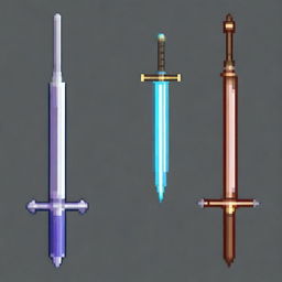 Create a detailed pixel art of a fantasy sword with a powerful aura