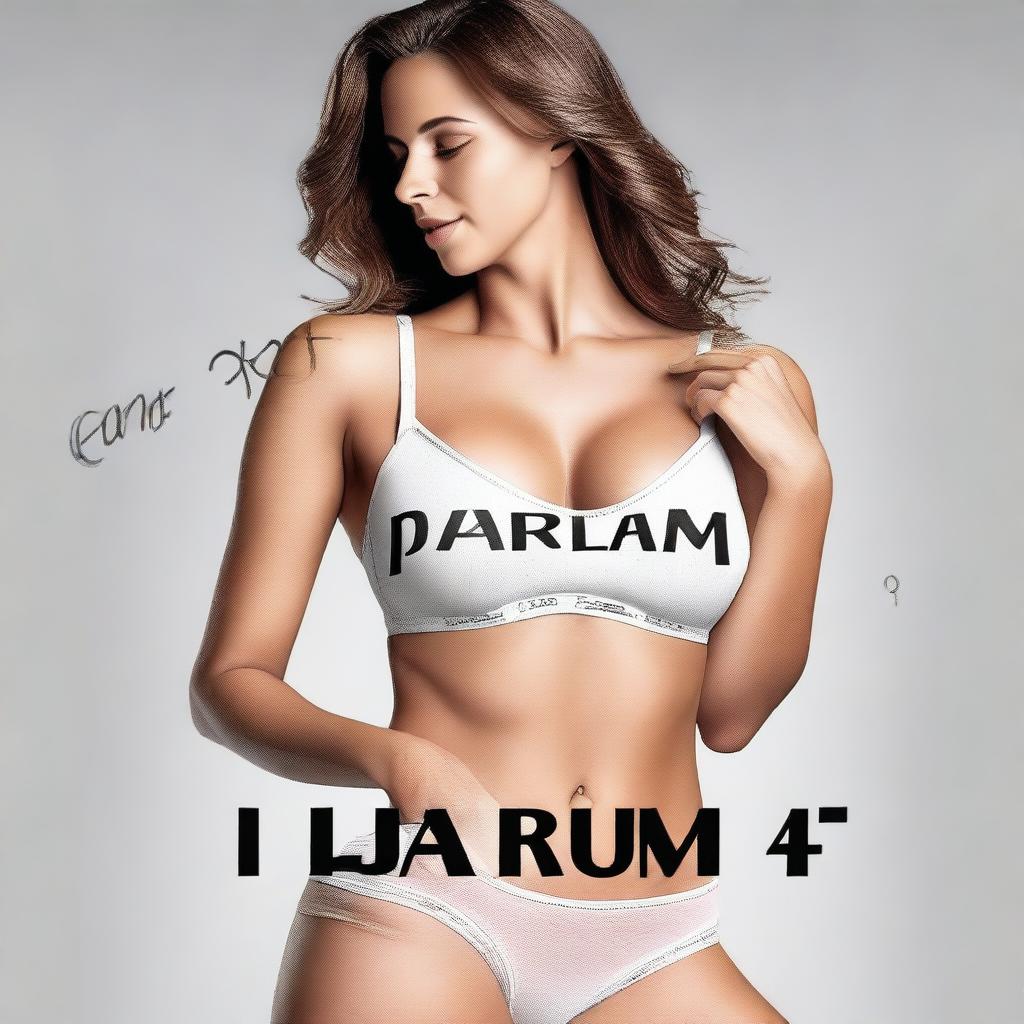 Create a realistic image of a woman wearing a bra with the text 'Djarum4D' written on it