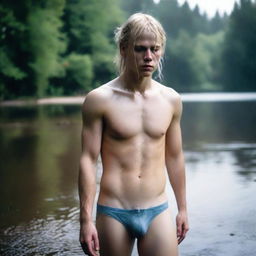 A person with blond hair standing in wet underwear