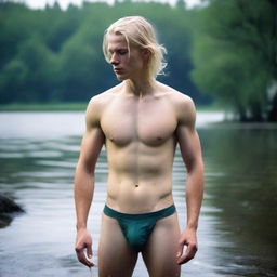 A person with blond hair standing in wet underwear