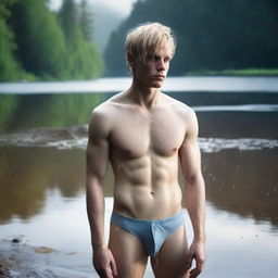 A person with blond hair standing in wet underwear