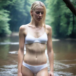 A blond woman standing in white wet underwear, with water dripping down her body