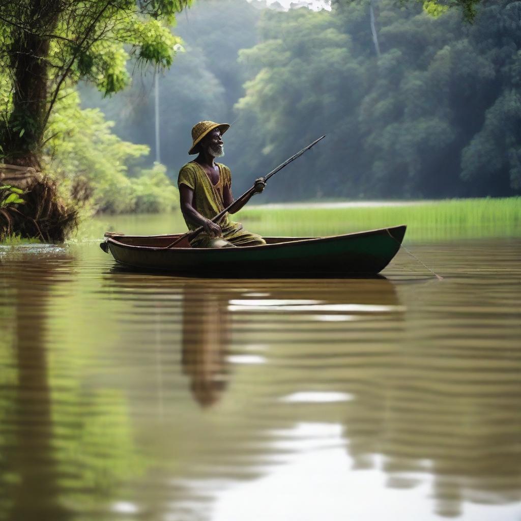 Crie uma imagem com um homem negro dentro de uma canoa, pescando um peixe pequeno no meio de um rio