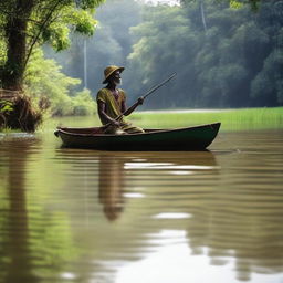 Crie uma imagem com um homem negro dentro de uma canoa, pescando um peixe pequeno no meio de um rio