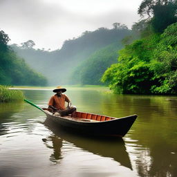 Crie uma imagem com um homem negro dentro de uma canoa, pescando um peixe pequeno no meio de um rio