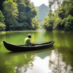 Crie uma imagem com um homem negro dentro de uma canoa, pescando um peixe pequeno no meio de um rio