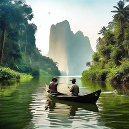 Crie uma imagem com um homem negro dentro de uma canoa, pescando um peixe pequeno no meio de um rio