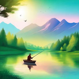 Digital art for a music album cover featuring a man fishing for a small fish in a beautiful landscape