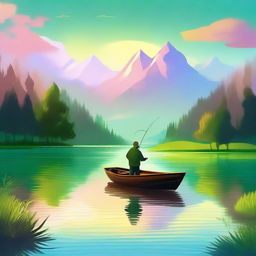 Digital art for a music album cover featuring a man fishing for a small fish in a beautiful landscape