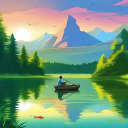 Digital art for a music album cover featuring a man fishing for a small fish in a beautiful landscape