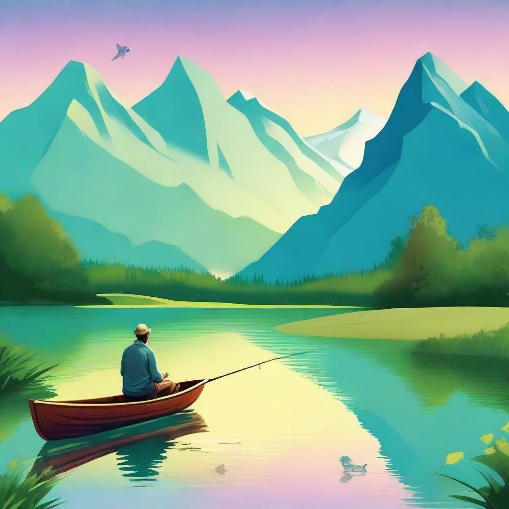 Digital art for a music album cover featuring a man fishing for a small fish in a beautiful landscape