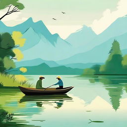 A man fishing for a small fish in a beautiful landscape