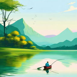 A man fishing for a small fish in a beautiful landscape