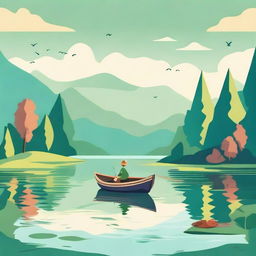 A cartoon of a man fishing for a small fish in a beautiful landscape