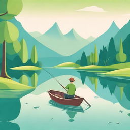 A cartoon of a man fishing for a small fish in a beautiful landscape