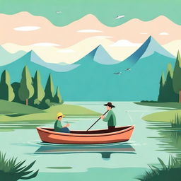 A cartoon of a man fishing for a small fish in a beautiful landscape