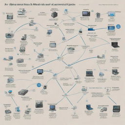 A mental map in Spanish that describes the life cycle phases of artifacts created by the electronics industry. This includes creation, usage, and disposal phases, with connected subtopics detailing each phase.