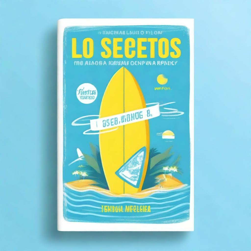 Create a light blue modern romance book cover with the title 'Los secretos de la arena'