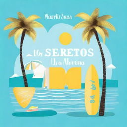 Create a light blue modern romance book cover with the title 'Los secretos de la arena'