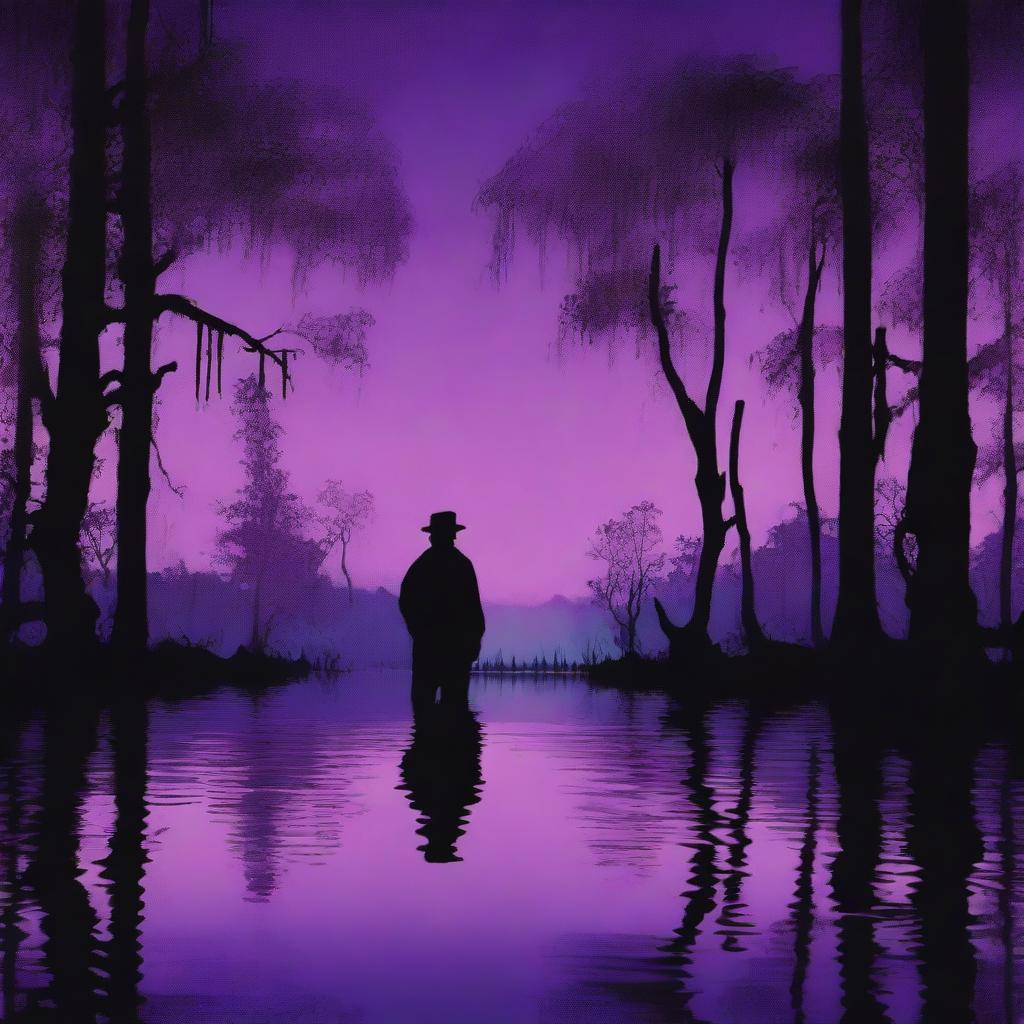 A dark, moody cover featuring a silhouette of a figure standing by a bayou at dusk