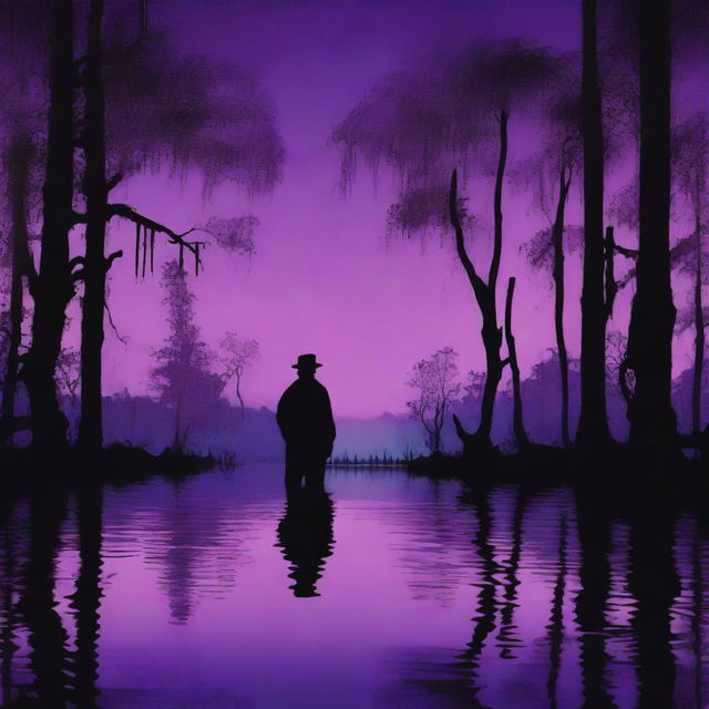 A dark, moody cover featuring a silhouette of a figure standing by a bayou at dusk