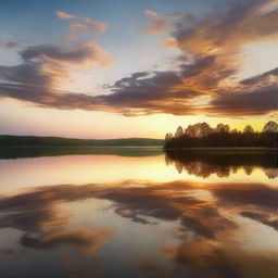 A beautiful sunrise over a serene landscape, with the sun just peeking over the horizon, casting a warm golden glow across the sky and reflecting on a calm lake