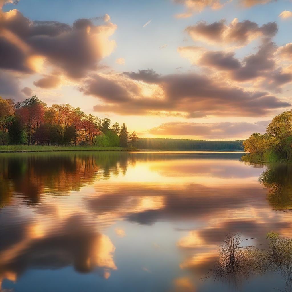 A beautiful sunrise over a serene landscape, with the sun just peeking over the horizon, casting a warm golden glow across the sky and reflecting on a calm lake