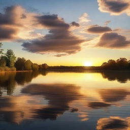 A beautiful sunrise over a serene landscape, with the sun just peeking over the horizon, casting a warm golden glow across the sky and reflecting on a calm lake