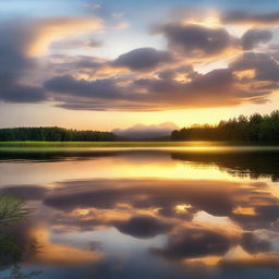 A beautiful sunrise over a serene landscape, with the sun just peeking over the horizon, casting a warm golden glow across the sky and reflecting on a calm lake