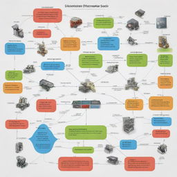 A detailed and organised mind map in Spanish that depicts various stages of life cycle of the products created by the electronics industry.