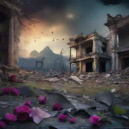 A powerful scene depicting the contrast between hope and destruction
