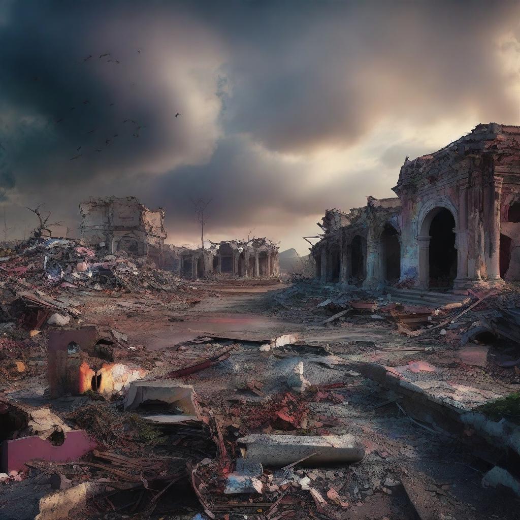 A powerful scene depicting the contrast between hope and destruction