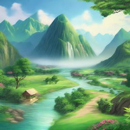 A breathtaking panorama of the promised land, filled with lush greenery, flowing rivers, and majestic mountains in the background