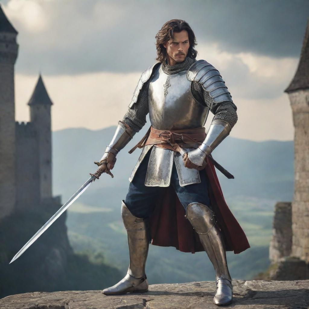 A handsome swordsman in elaborate medieval armor, with a gleaming sword, striking a dynamic pose against a dramatic backdrop