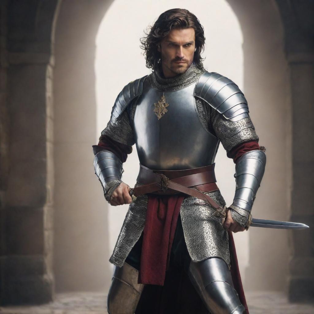 A handsome swordsman in elaborate medieval armor, with a gleaming sword, striking a dynamic pose against a dramatic backdrop