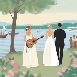 A book cover illustration featuring the back of a musician playing guitar at a wedding