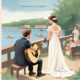 A book cover illustration featuring the back of a musician playing guitar at a wedding