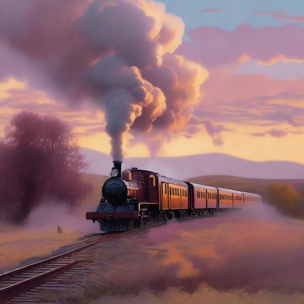 A serene, picturesque scene of the last train home at sunset