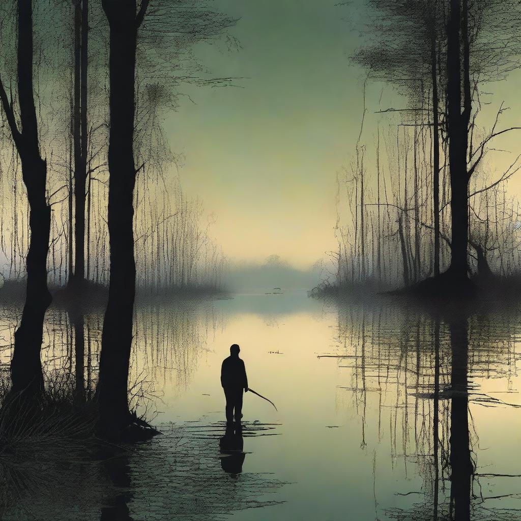 A man standing at the water’s edge surrounded by a haunting depiction of a swamp at twilight