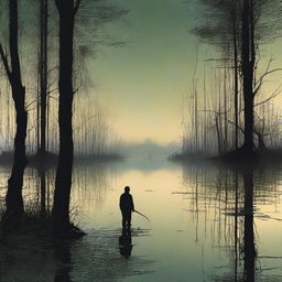 A man standing at the water’s edge surrounded by a haunting depiction of a swamp at twilight