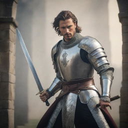 A handsome swordsman in elaborate medieval armor, with a gleaming sword, striking a dynamic pose against a dramatic backdrop